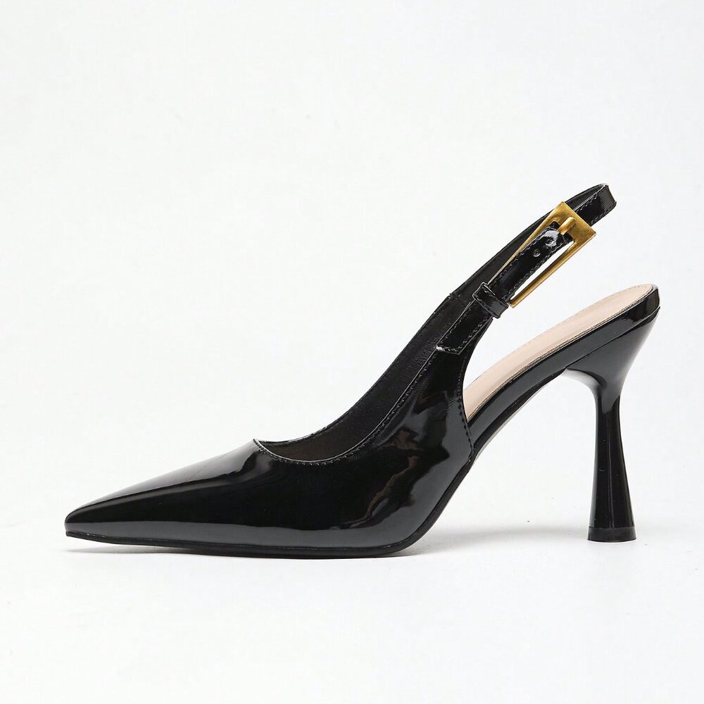 Black Elegant Women's Pointed Toe Lacquered Slingback High Heel - Picture 4 of 6